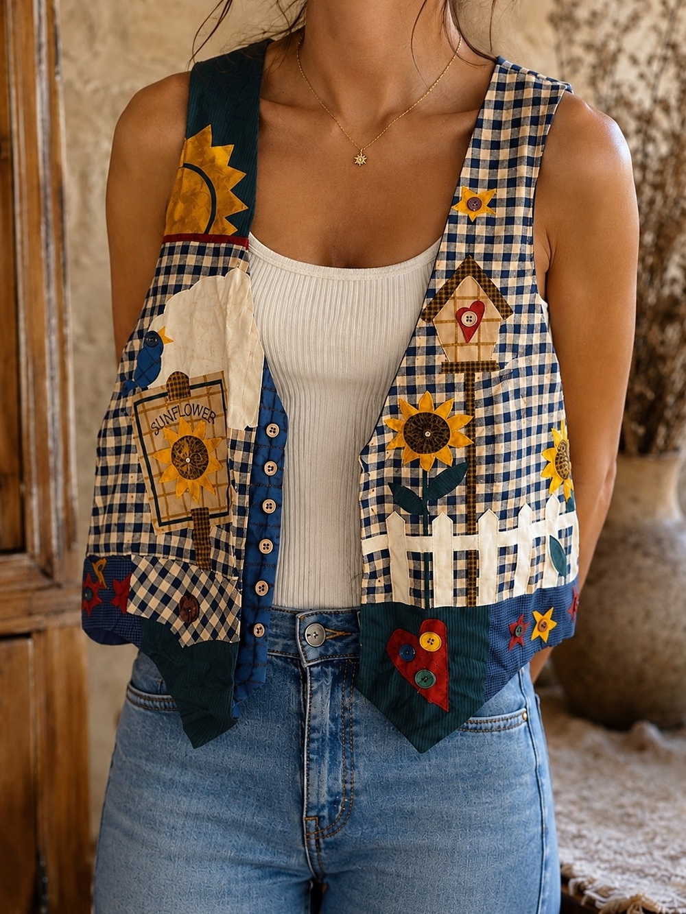 Vintage Style Sunflower Gingham Patchwork Vest Cottagecore Folk Art One Size